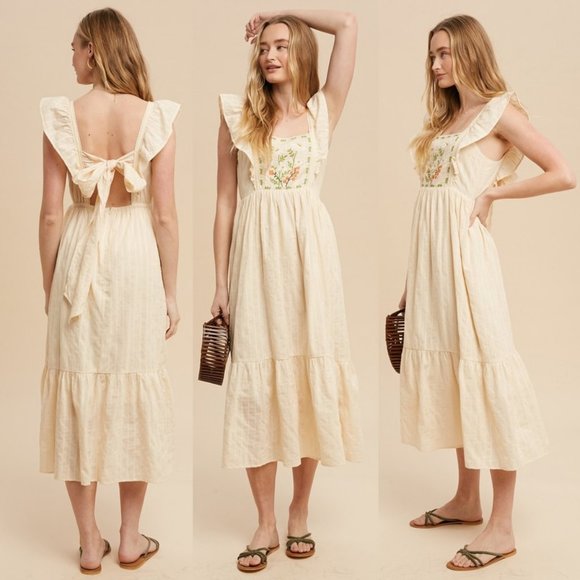 NEW Cream Apron Ruffle Square Neck Floral Embroidered Tie Back Cotton Midi Dress - Picture 6 of 12